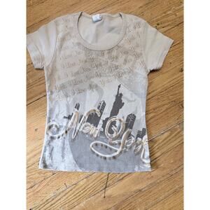 Cetté USA I Love New York Glitter Graphic Tee Tan Fitted Sz XL Fits S/M